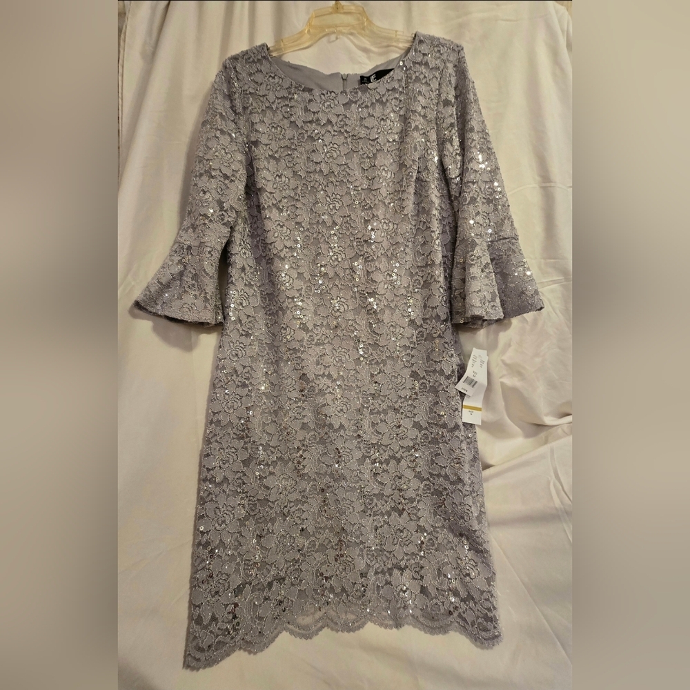 Leslie Fay Silver Lace Long Sleeve Dress